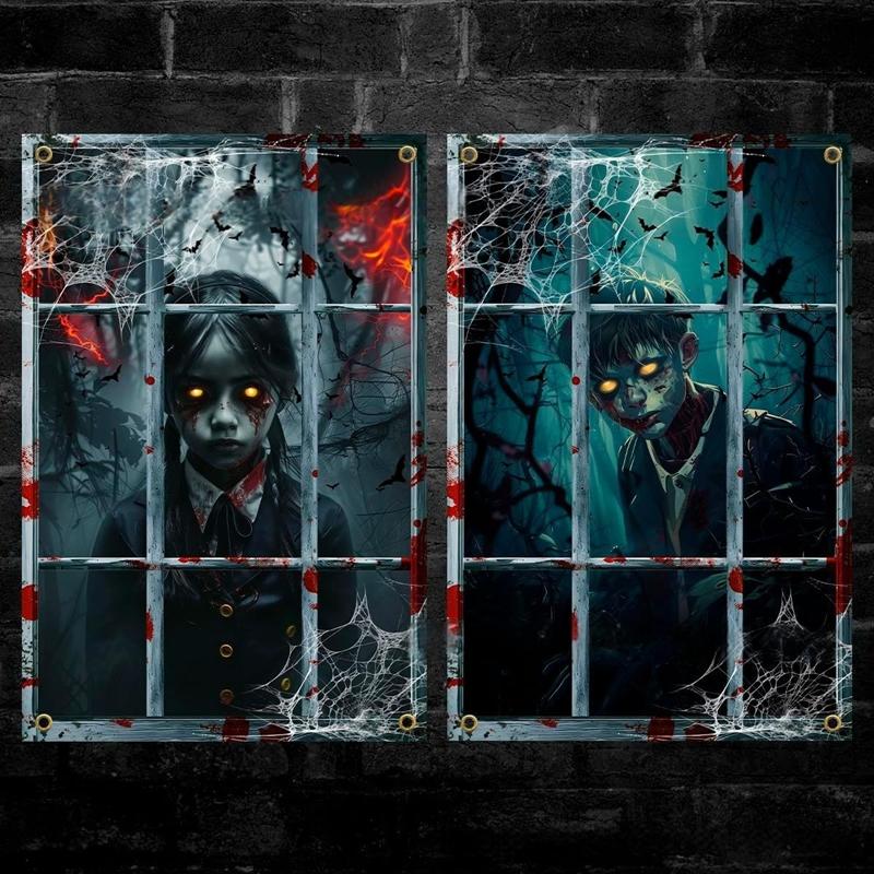 2-Piece Halloween Zombie Ghost Decor Bloody Window Scary Backdrop Outdoor Horror Hanging Cloth Spooky Party Supplies