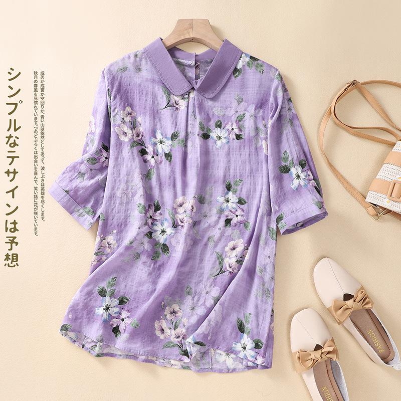 In Stock, Summer Sweet Wind Floral Shirt Women's Cotton and Linen Color Matching Lapel Shirt Loose and Versatile Short-sleeved Top