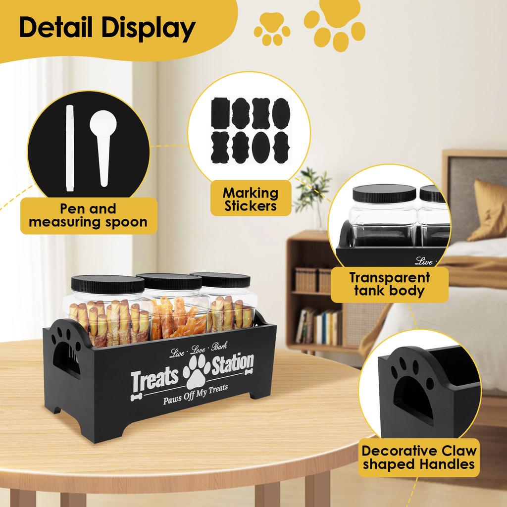 Wood Dog Food Container with 3 Plastic Treat Jars Cat Food Container with Handles Practical Food Storage Container Decorative