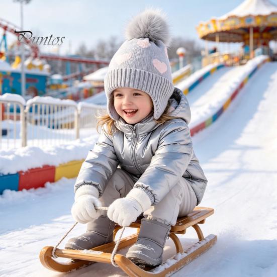 Elastic Ear Protection Cap Kids Winter Knit Hat, Warm Soft Cute Pompom Cozy Gift for Children Heart Pattern, Earflap Hat Boys Girls Toddlers Pom
