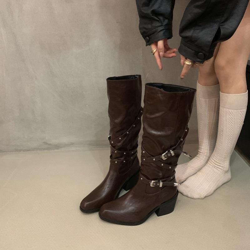 

European and American version~ Soft leather thick heel rivet belt buckle long boots Spice girl knight boots high boots western cowboy boots 39 коричневый