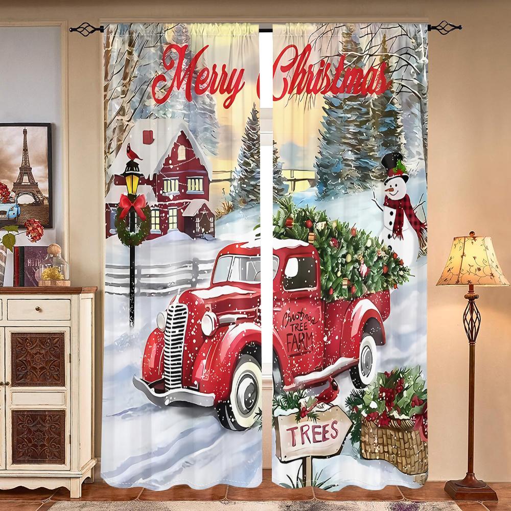 2 Pieces, Merry Christmas Red Truck Curtains -30% Blackout - Suitable for Living Room, Bedroom, Kitchen, Home Decoration
