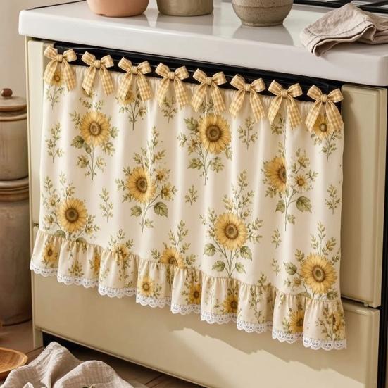 Oven Skirt with 7 Ribbon Ties Mushroom Flower Pumpkin Pattern Farmhouse Kitchen Decorative Cabinet Dishwasher Appliance Oven Curtain