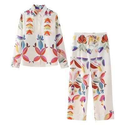 New Satin Pajamas for Women Fashion Long Sleeved Printed Shirt High Waist Pants Set Sleepwear 2 Pieces Lounge Women Outfits Suit