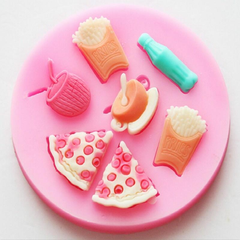 2018 New Store 3D Pizza Fries Milk Coffee Drinks Silicone Mold Chocolate Fondant Cake Decoration Mol