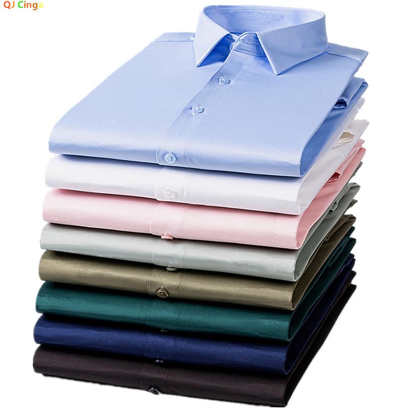 Black Men's Stretchy Wrinkle-Free Shirts, Blue Gray Red Green Asia Size M38-7XL46, White Plain Long Sleeve Office Dress Shirt.