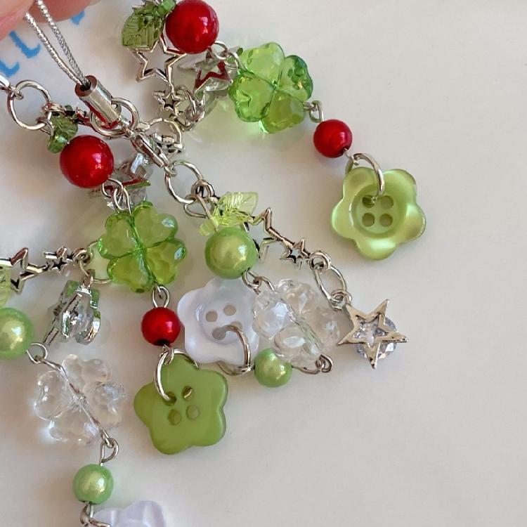 Glücksbringer Schlüsselanhänger mit grünen Vierblättrigen Kleeblatt Perlen Koreanisch Inspirierte Mode Handy-Gurt Zubehör Für Den Täglichen Gebrauch