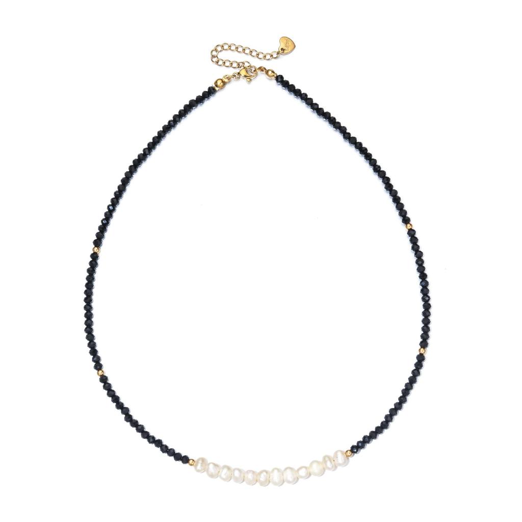 Elegant Freshwater Pearl & Black Glass Beaded Necklace - Luxurious, Non-Fading Clavicle Chain for Women