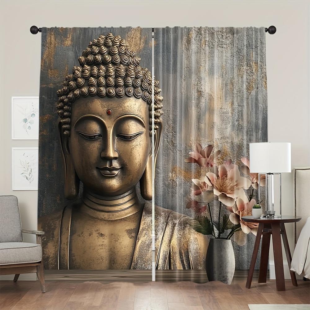 2pcs Buddha Head Print Curtains Magnolia Flower Pattern Zen Style Polyester Window Drapes for Living Room Bedroom Decor