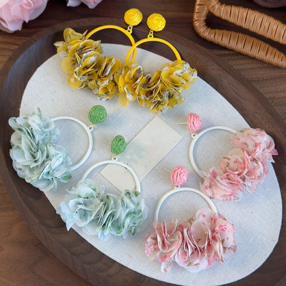 Sweet Fabric Flower Eardrop Colorful Exaggerated Earrings Fashion Drop Earrings  Vacation