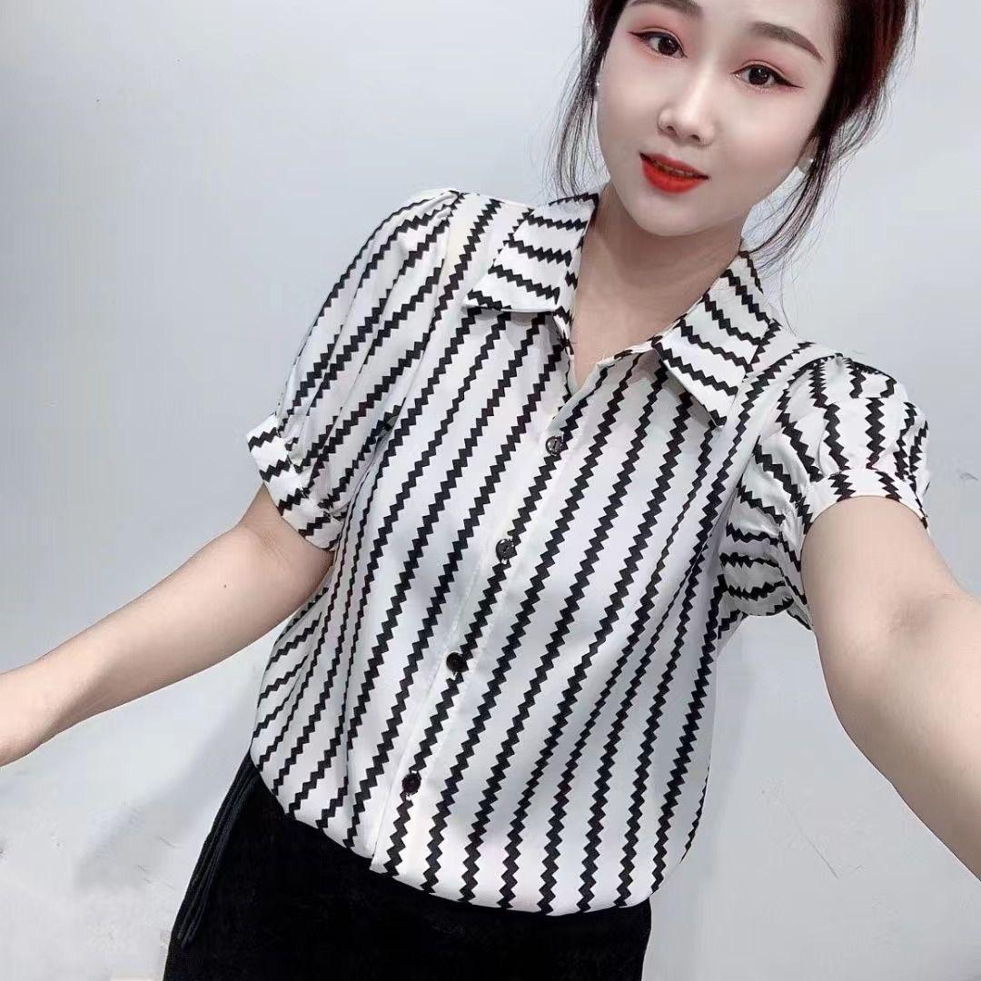 

Korean Striped Patchwork Polo Collar Loose Chiffon Women s Shirt L (Recommended 40-55kg)