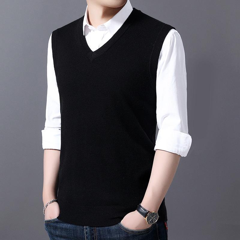 Pánská jednobarevná pletená vesta na jaro a podzim - Vlněná vesta do kanceláře