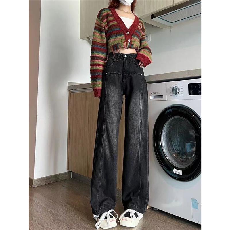 

Retro Black-Gray Wide-Leg Jeans: High-Waisted, Plus Velvet, Thickened for Petite, Slimming, Loose, Straight-Leg, Floor-Length Pants XL