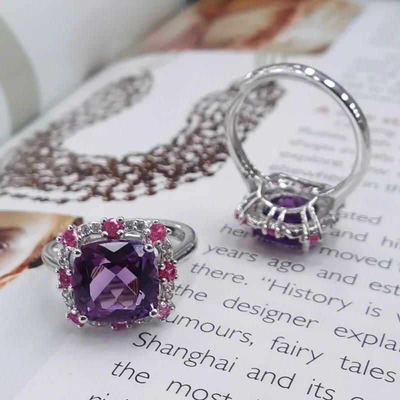 SACE GEMS 925 Sterling Silver 9*9MM Natual Amethyst Rings for Women Engagement Cocktail Party Fine Jewelry Gift
