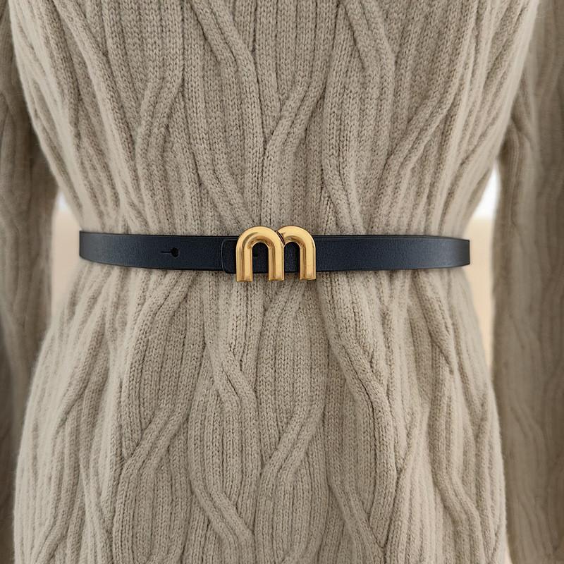 Fashionable Womens Minimalist Genuine Leather Belt Mshaped Metal Buckle Belt