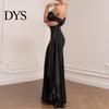Solid Color Women Dress Lady Evening Slant Neck Off Shoulder Sleeveless Pleated Lace-up Sash Decor Long Irregular Design Slim Fit Prom Party