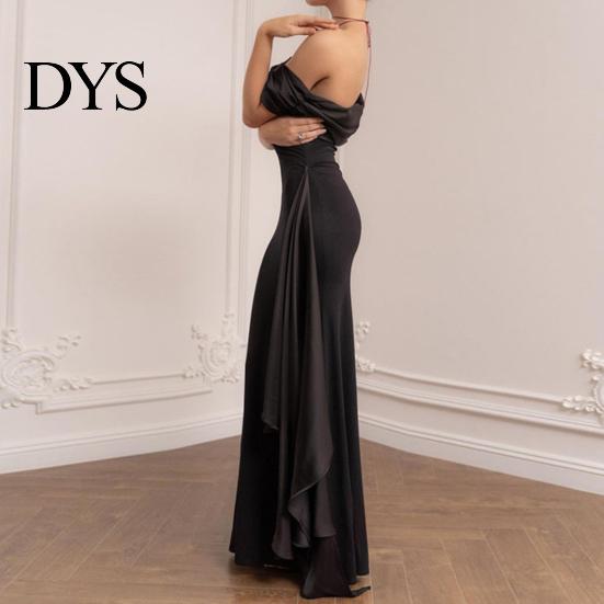 Solid Color Women Dress Lady Evening Slant Neck Off Shoulder Sleeveless Pleated Lace-up Sash Decor Long Irregular Design Slim Fit Prom Party