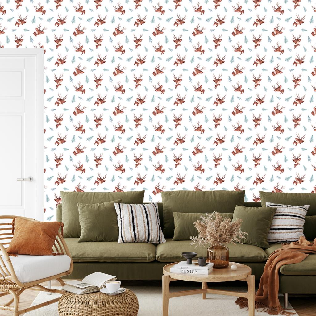 Deer wallpaper white, light gray and red 50x1000