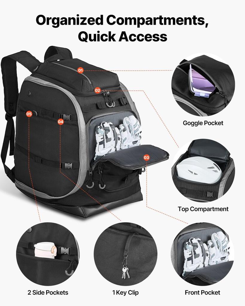 Ski Boot Bag, 70L, Snowboard Boots Travel Backpack for Men Women, with Waterproof Exterior & Bottom, Durable 1680D Oxford, Bag for Skis, Snowboard,