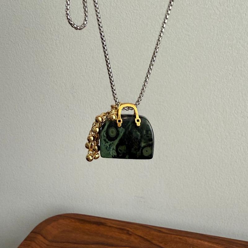 Natural Tiger Eye Stone Bag Grape Pendant Necklaces for Women Trendy Design Titanium Steel Sweater Chain Accessories