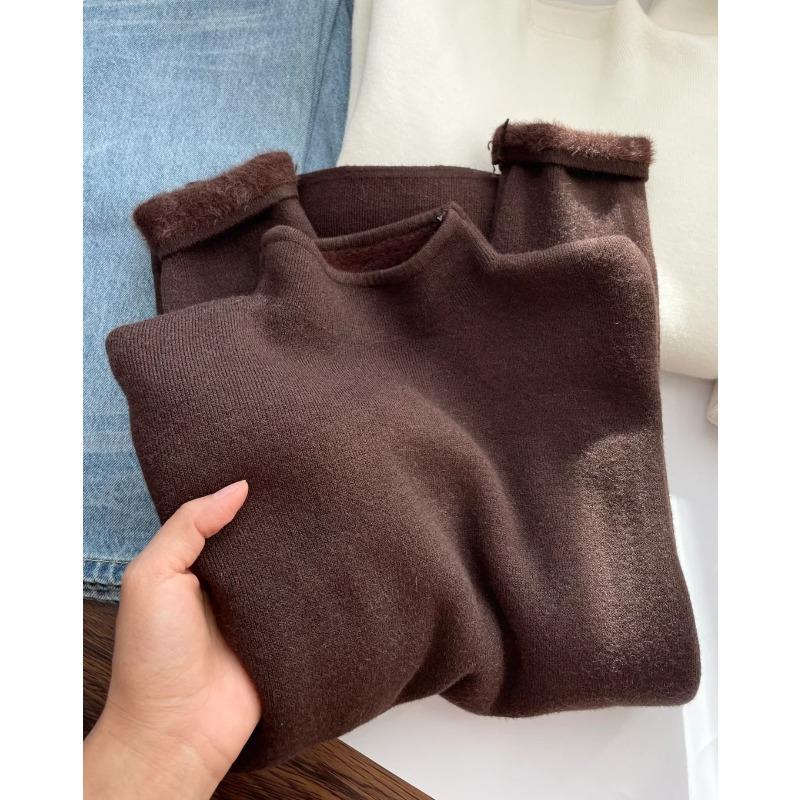 Thickened semi-turtleneck soft waxy knitted top women's autumn and winter skin-friendly integrated fleece bottoming shirt temperament simple sweater