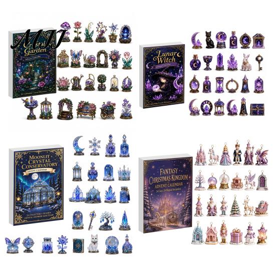 Advent Calendar Fantasy Box with 24 Mini Acrylic 2D Ornaments, Christmas Countdown Unique Collection Items Desktop Micro Landscape Decoration,