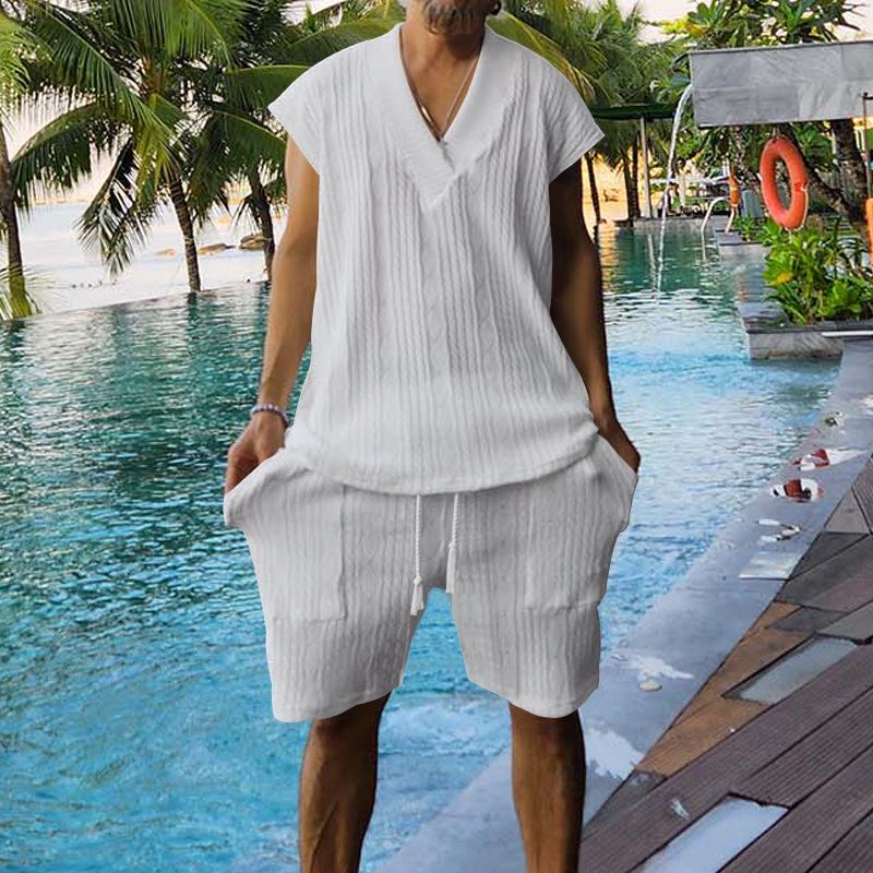 

Мужской летний повседневный жаккардовый трикотажный комплект без рукавов и шорт Large белый