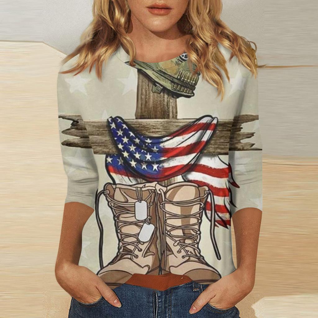 Women's Independence Day Print Round Neck Seven-Eighths Sleeve Top