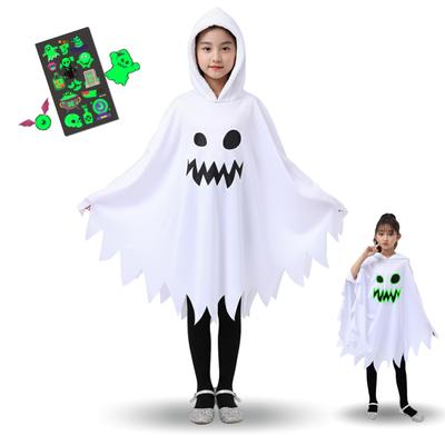 GOKEI Halloween Cosplay Kids Ghost Poncho with Hood, Includes 1 Tattoo Sticker, Kids' Ghost Cape, Cute Ghost, Witch, Spirit, Devil Costume for Boys