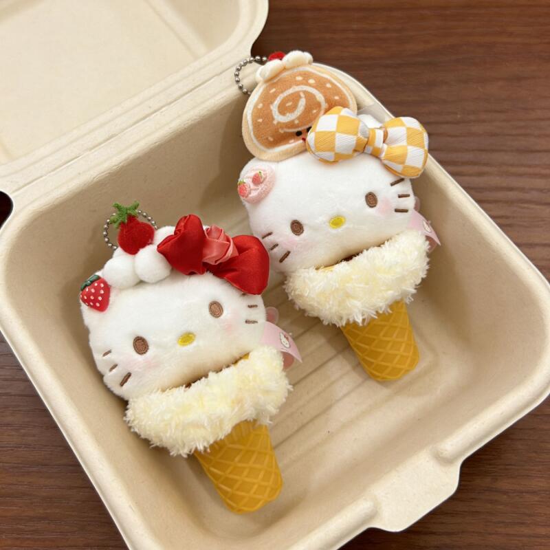 Japanese Style Ice Cream Hello Kitty Plush Toy Cute Cartoon Keychain Bag Pendant Bedroom Sofa Decoration Gift for Friends