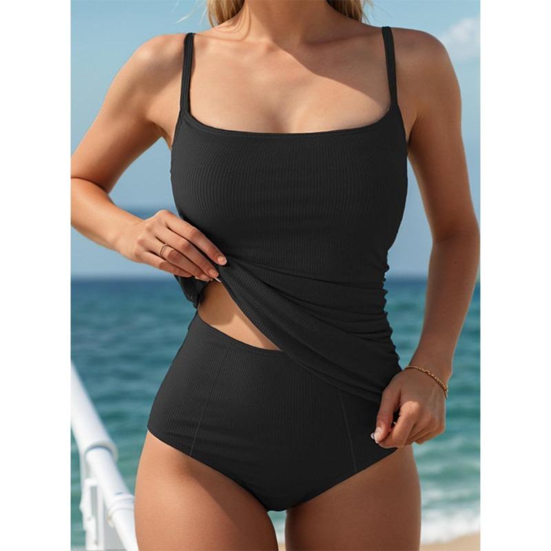 

Однотонный танкини из двух частей для женщин 2025 Новинка Бикини-комплект с высокой талией, камзол, сексуальный купальник для пляжа с бретелями и открытой спиной XXL чёрный