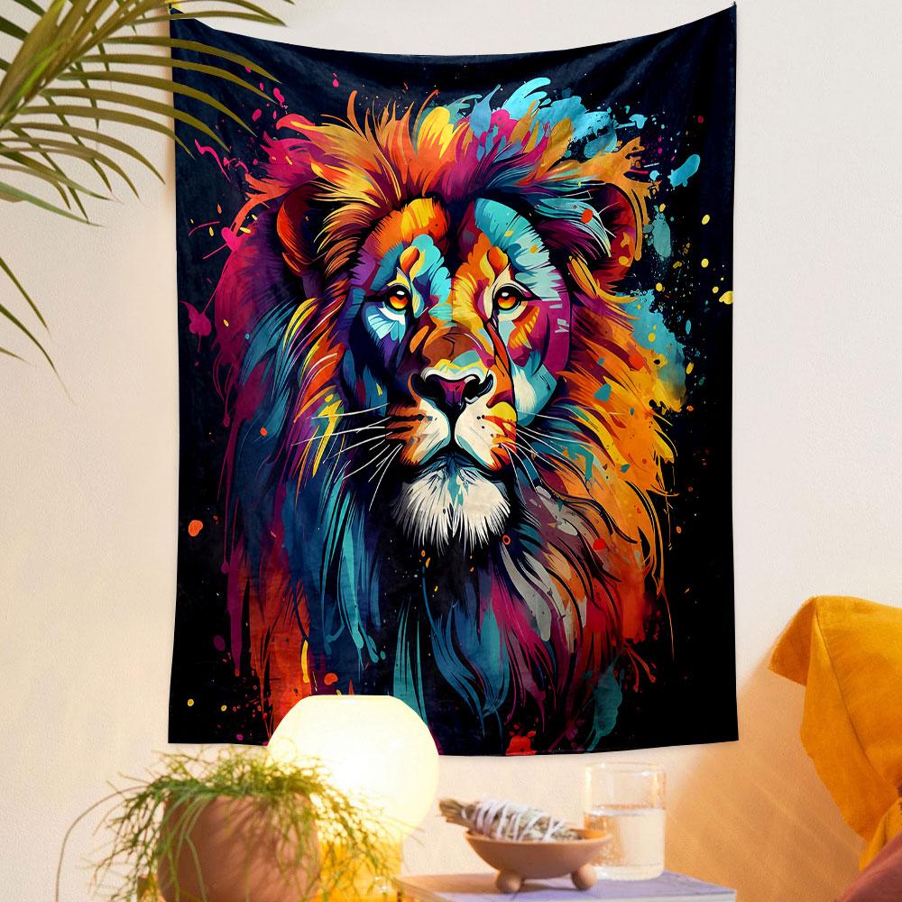 Colorful Abstract Lion Portrait Patterned Tapestry Decorative Wall Hanging, Home Bedroom Living Room Decor