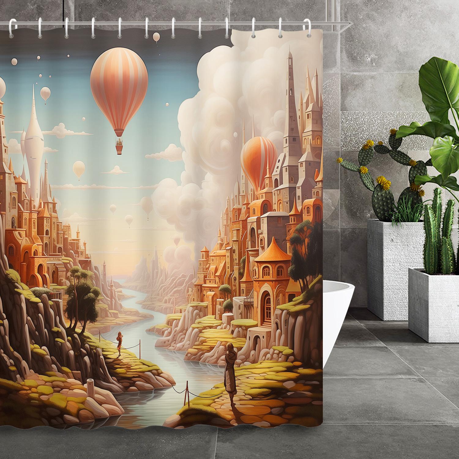 

Fantasy Hot Air Balloon & Castle Shower Curtain – Whimsical Scenic Design With Dramatic Sky, Polyester Fabric, Includes 12 Hooks W60H190(CM)-1 Pcs