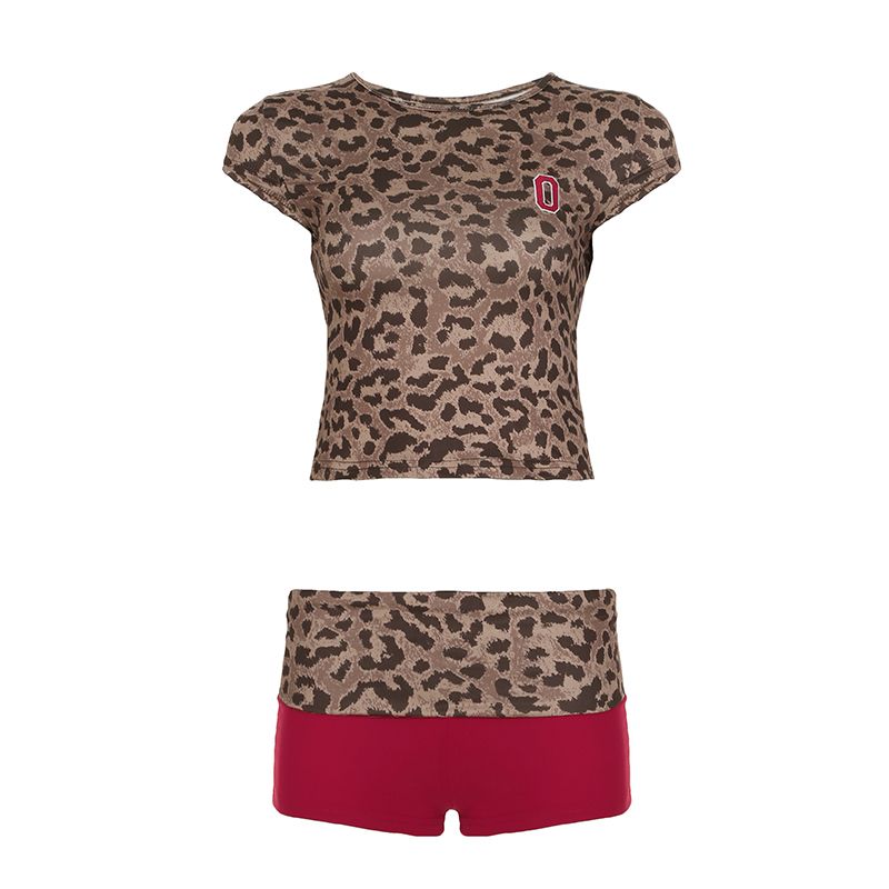 

Eilove American Style Sexy Leopard Print Fashion Suit round Neck Embroider T-shirt + Patchwork Contrast Color Low Waisted Shorts Two-piece Set Brown M