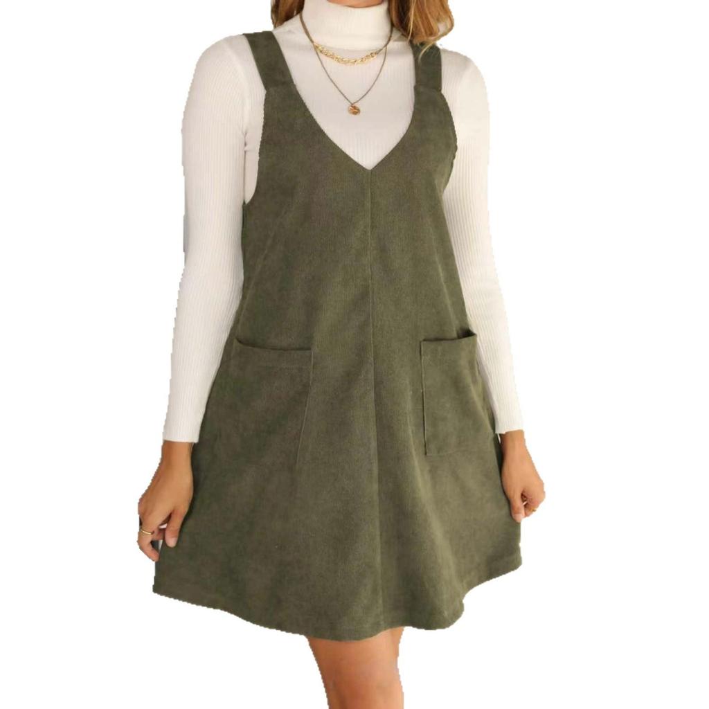 Gonna a coste con spalline a V alla moda 2024 con tasche - Design snellente casual da donna