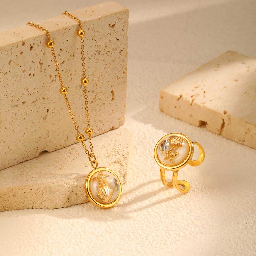 Chic Round Resin Opening Ring for Women,Gold Plated Stainless Steel Rings,Marine Style Set Jewelry Gifts