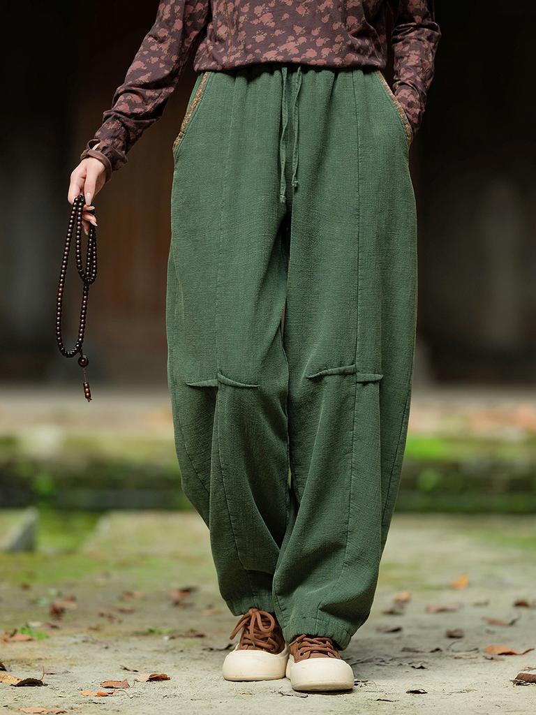 Johnature Women Winter Plush Warm Bloomers Pants Solid Color Trousers Elastic Waist Patchwork Pockets Long Pants