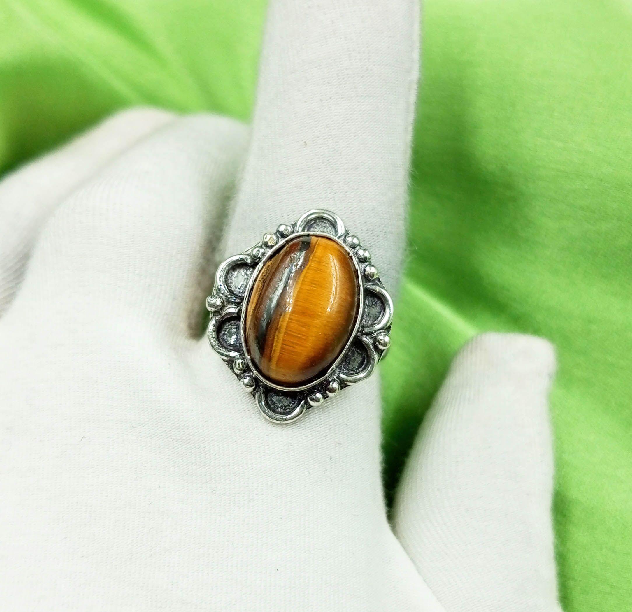 

Кольцо Tiger Eye Gemstone из стерлингового серебра 925 пробы с покрытием US SZ 8 MM-R94