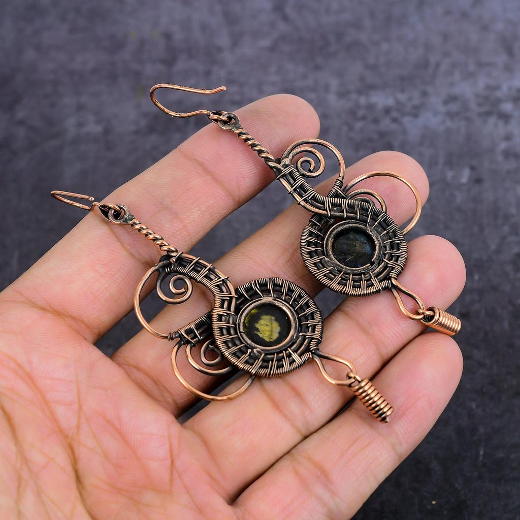 Natural Labradorite Gemstone Copper Wire Wrap Jewelry Earring 3.59" P5b81