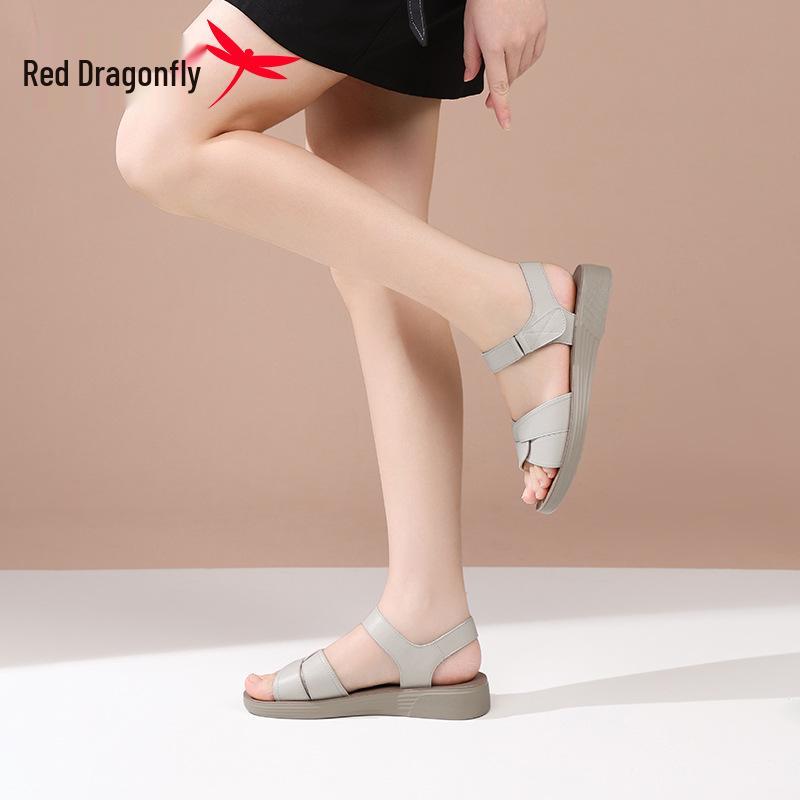 Red Dragonfly Women's Summer Casual Genuine Leather Sandals - Soft Sole Flat Bottom for Middle-Aged and Elderly.