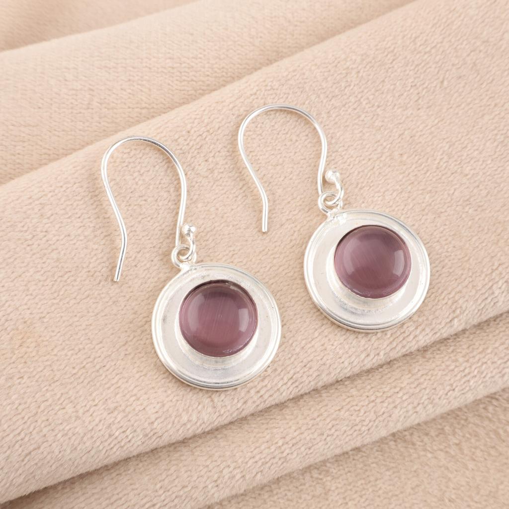Purple Cat's Eye 925 Fine Silver Gemstone Jewelry Handmade Round Earrings 1.40" EE-4-47