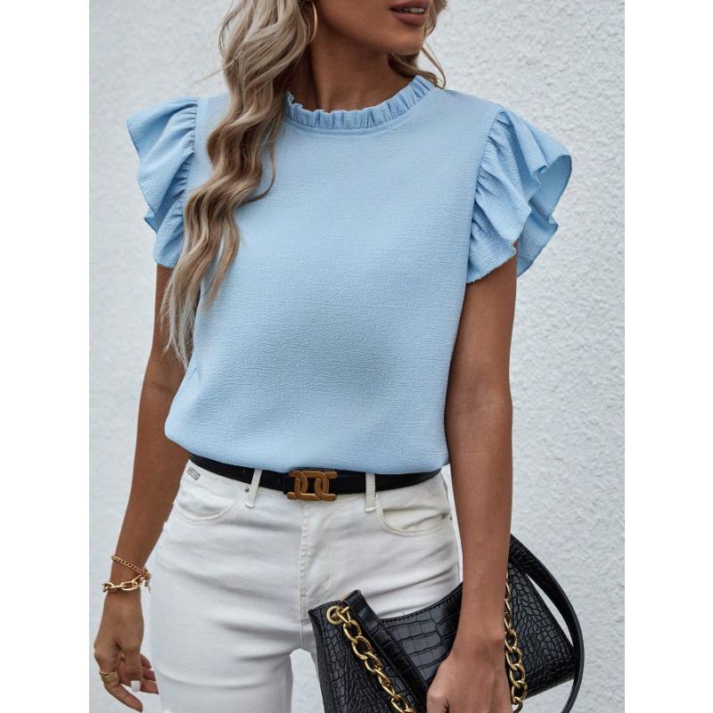 Women Short Sleeve Ruffled Round Neck Blouse