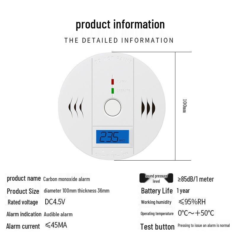 Battery-Powered Carbon Monoxide Detector for Home Use with Sound and Light Alarm