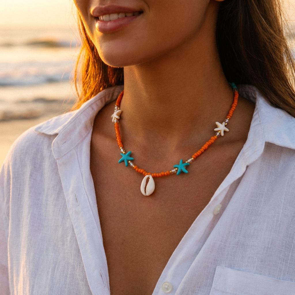 Bohemian Colorful Rice Beads Necklace for Women Sea Shell Starfish Pendant Clavicle Choker Summer Beach Party Charm Jewelry Gift