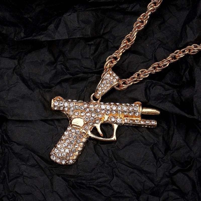 Stylish Submachine Guns Pendant Dazzling White Gold Plated Chain Hipsters Streetwear Diamond Accessory for Women and Men
