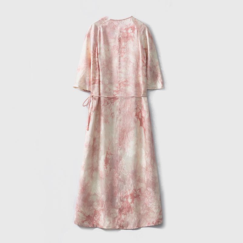 Handmade Tie-Dye Mulberry Silk Jacquard Dress - Chinese Style, Round Neck, Slanted Placket, Seven-Sleeve Midi