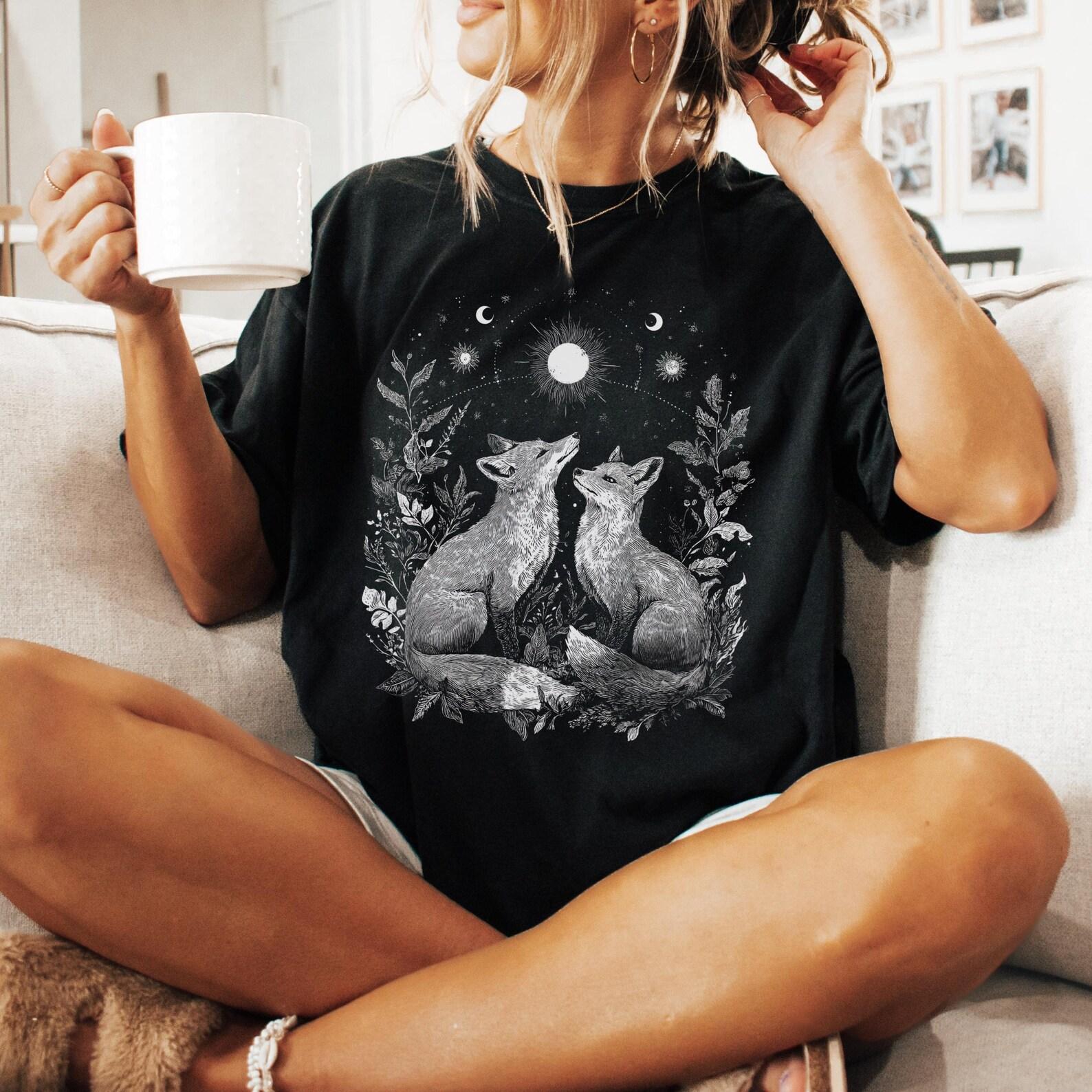 Celestial Foxes Graphic T-Shirt: Mystical Moon Garden Cotton Tee 2XL