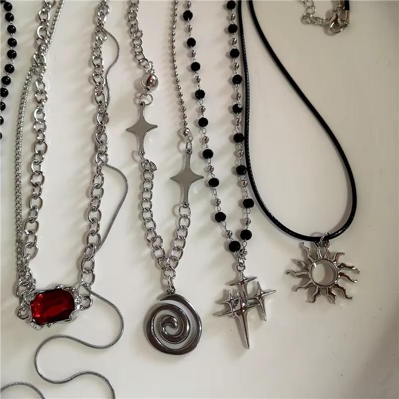 Stainless Steel Spiral Sun Cross Pendant Necklace Layered Choker Star Charm Necklace For Men Women Grunge Y2K Neck Punk Jewelry