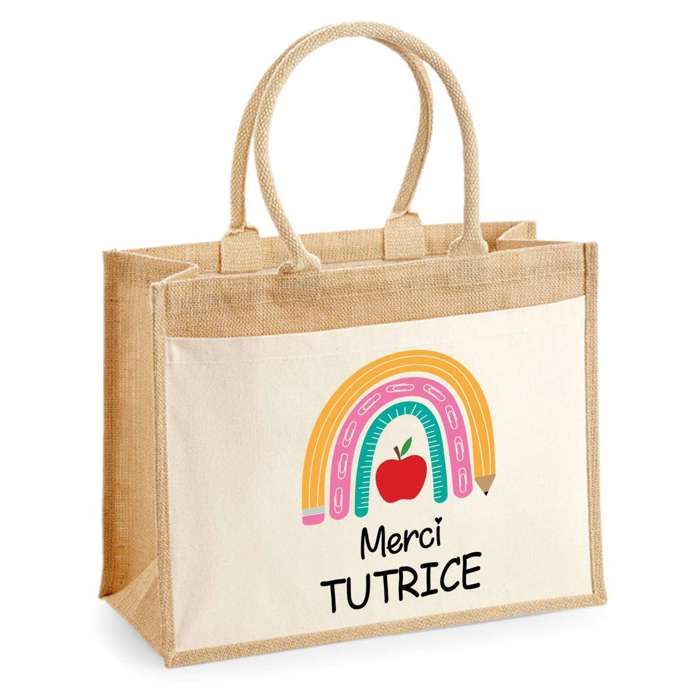 Sac jute avec poche Merci Tutrice arc en ciel Cadeau Anniversaire Noël Original Personnalisé Femme | Sac de course shopping