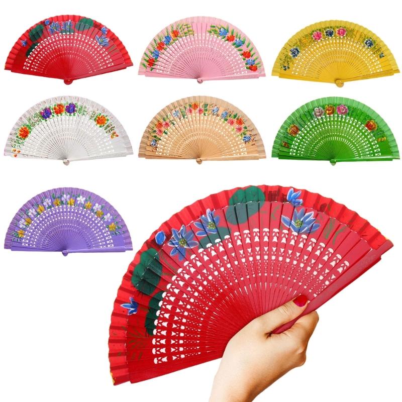 Dámský vintage španělský skládací vějíř oboustranně malovaný květinami dřevěný vějíř pro cikánský tanec festivalovou dekoraci